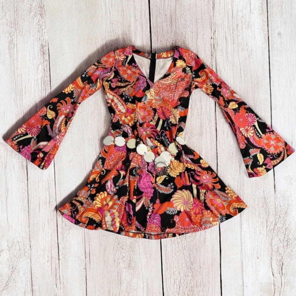 Women’s Multicolor Chic Hippie Paisley Bohemian Go-Go 60’s Mini Dress ~ Size M/L - Picture 2 of 7
